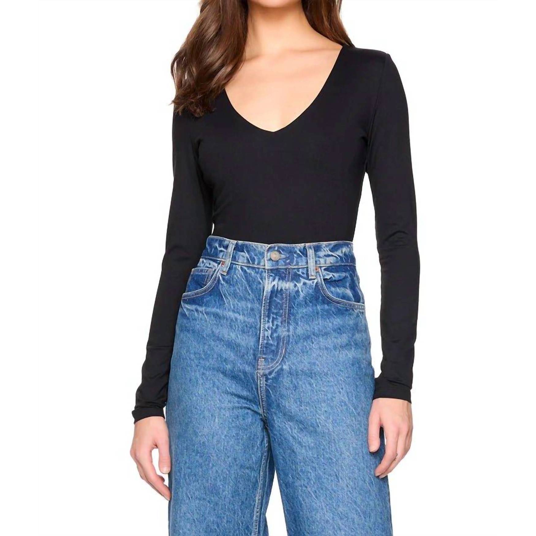 New Susana Monaco V-Neck Long Sleeve Top In Black